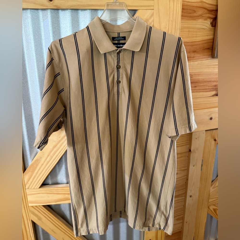 Bolle’ Men’s Golf Shirt. Size MED. Tan and Black vertical stripes. 100% cotton